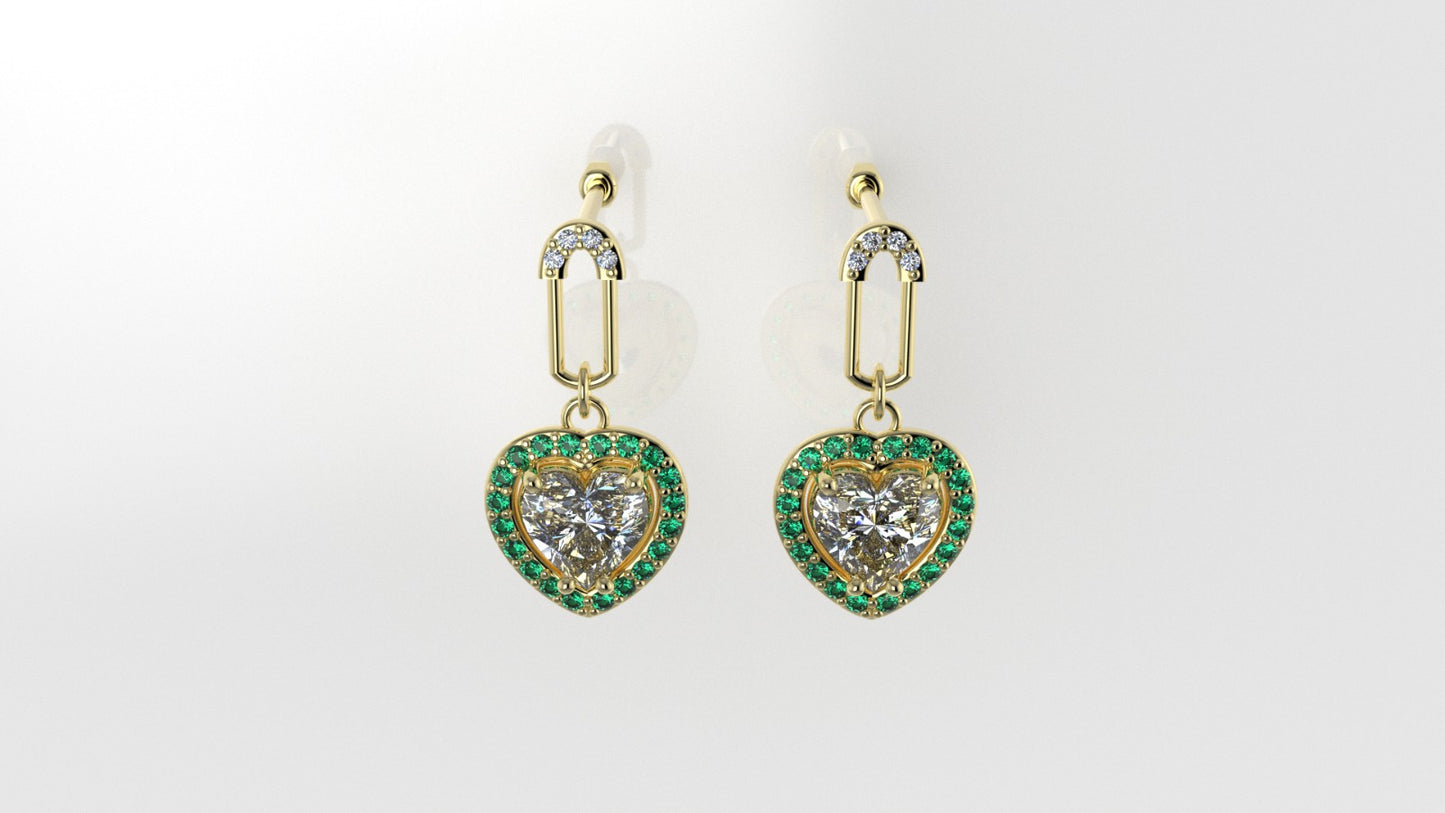 Yellow Gold Earrings with 10 DIAMOND VS1, 40 EMERALD, "Stt: Prongs" "Stone Heart and Round"