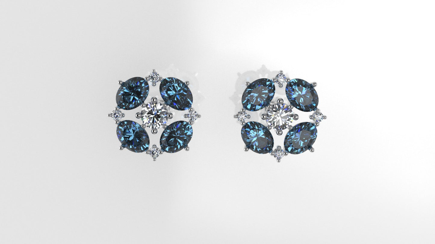 Gold Earrings with 10 DIAMOND VS1, 8 BLUE TOPAZ, "Stt: Prongs" "Push Back"