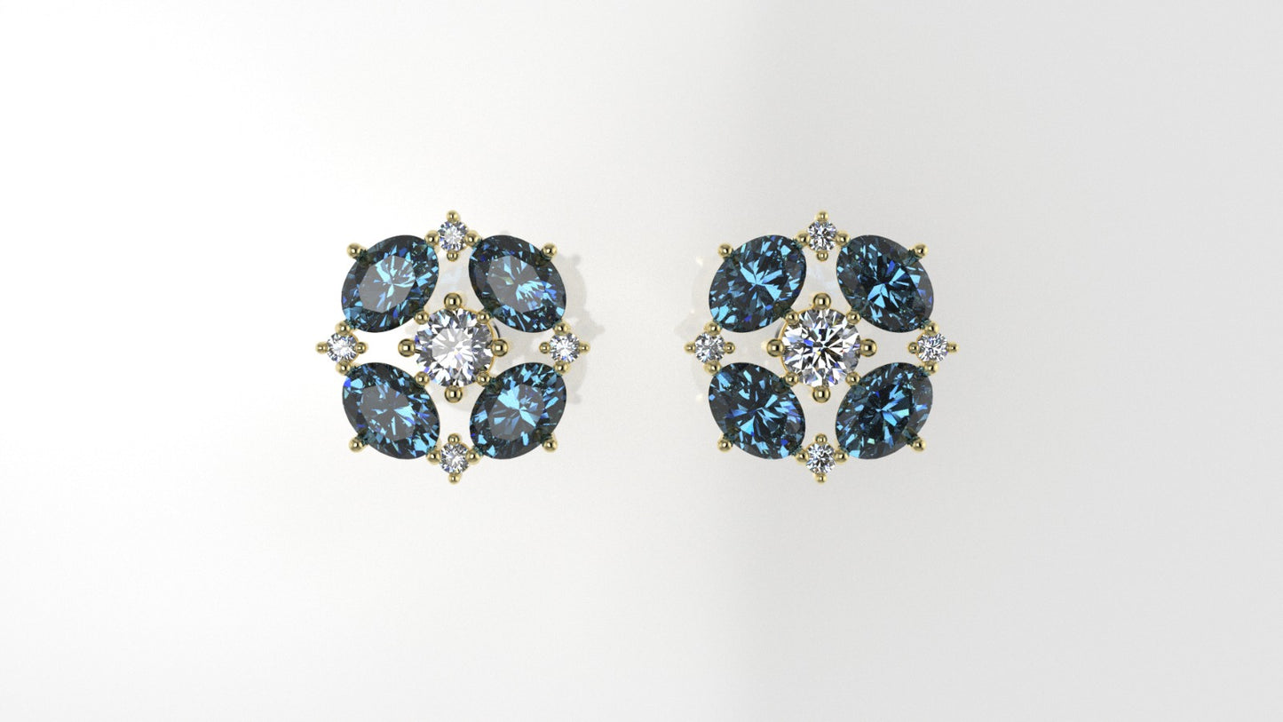 Gold Earrings with 10 DIAMOND VS1, 8 BLUE TOPAZ, "Stt: Prongs" "Push Back"