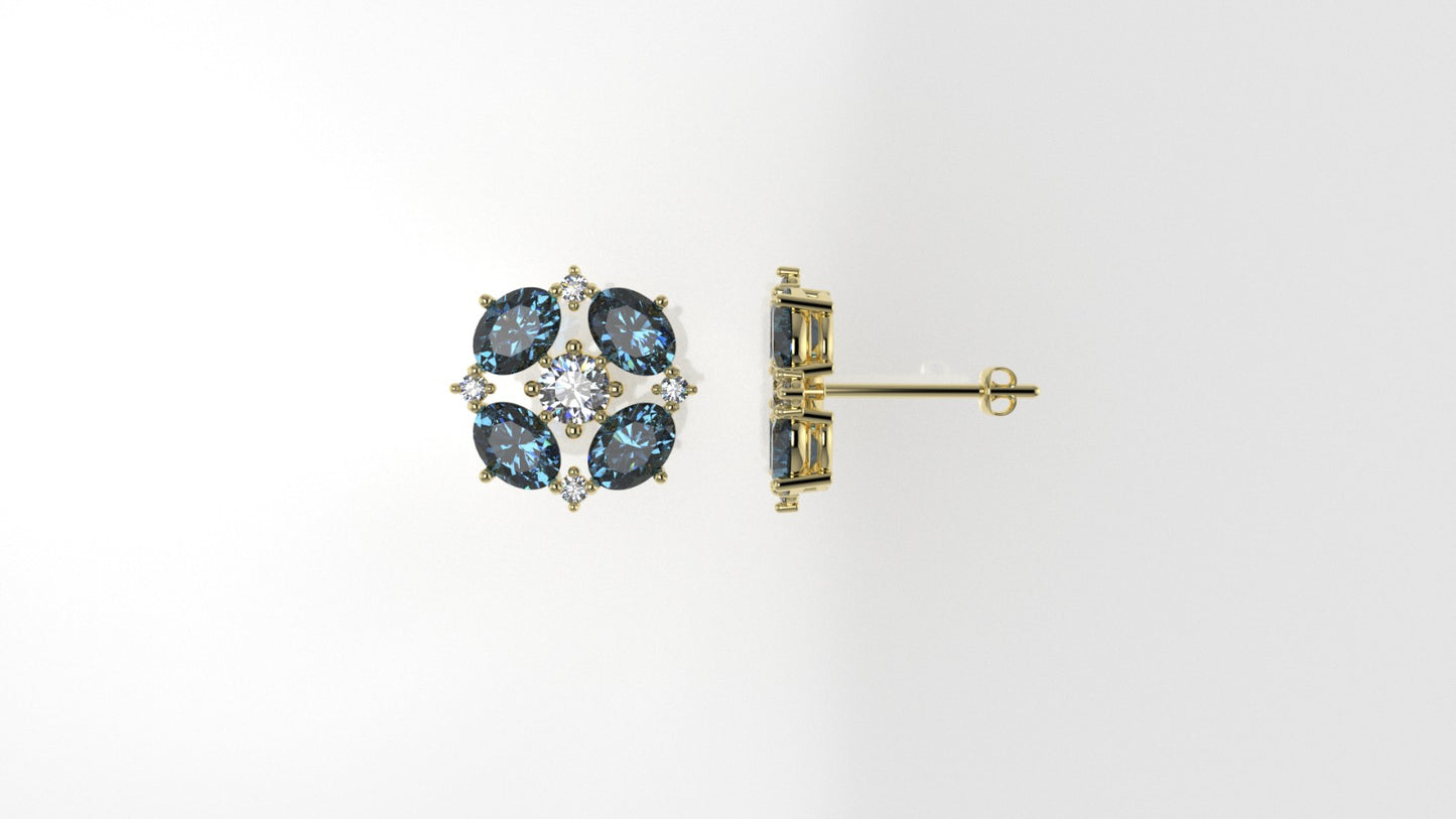 Gold Earrings with 10 DIAMOND VS1, 8 BLUE TOPAZ, "Stt: Prongs" "Push Back"