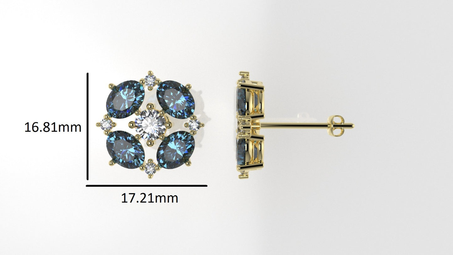 Gold Earrings with 10 DIAMOND VS1, 8 BLUE TOPAZ, "Stt: Prongs" "Push Back"