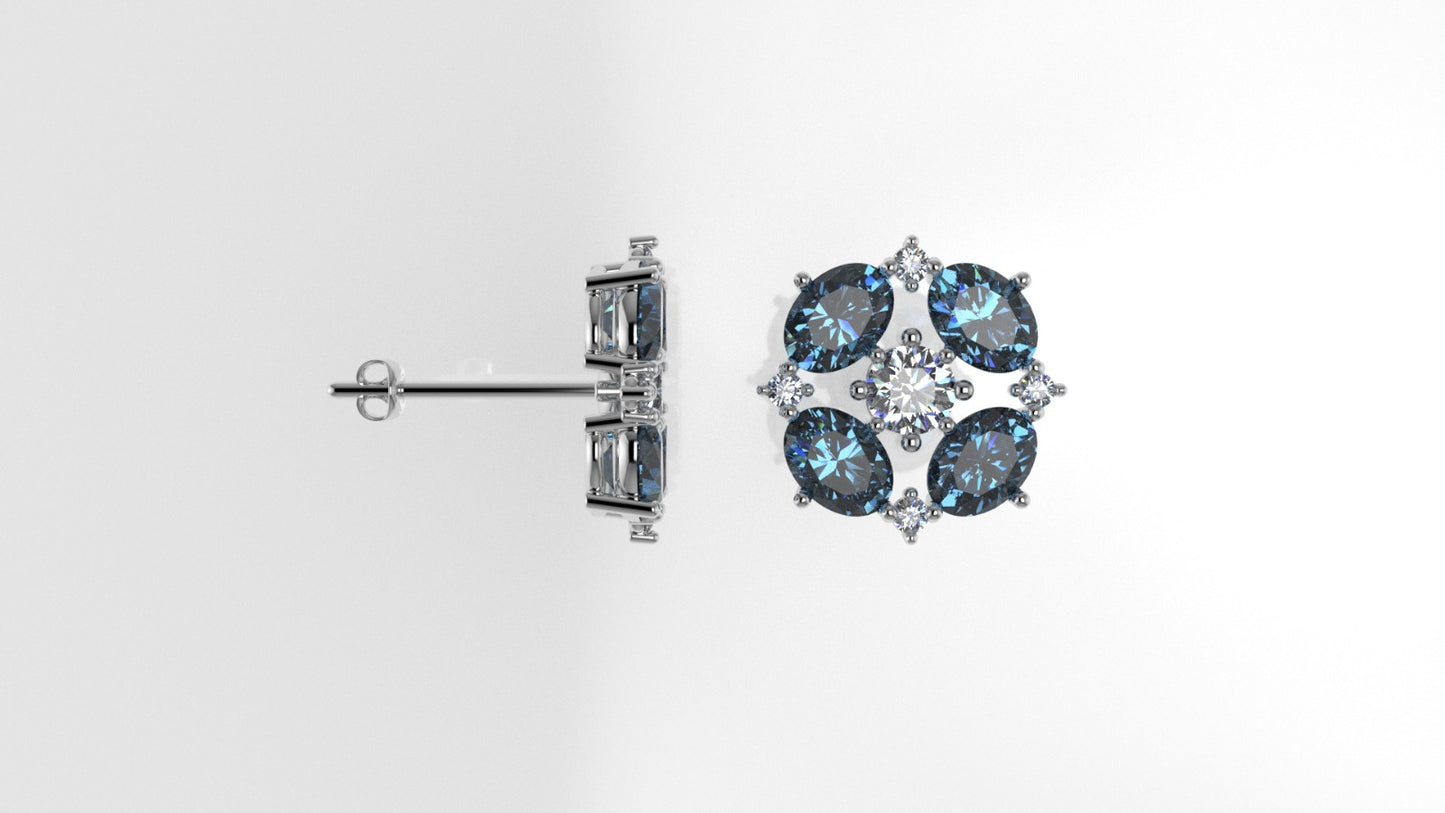 Gold Earrings with 10 DIAMOND VS1, 8 BLUE TOPAZ, "Stt: Prongs" "Push Back"