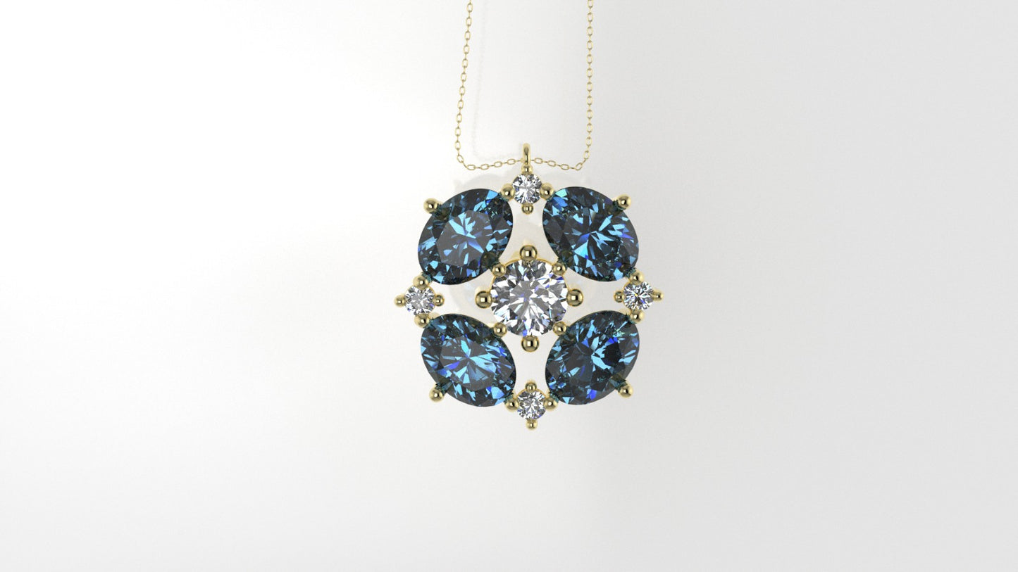 14K Pendant with 5 Diamond VS1, 4 OVAL BLUE TOPAZ and, Only Pendant