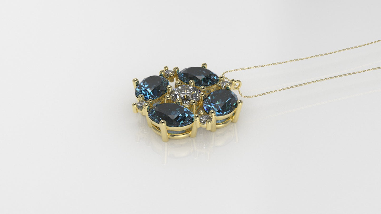 14K Pendant with 5 Diamond VS1, 4 OVAL BLUE TOPAZ and, Only Pendant