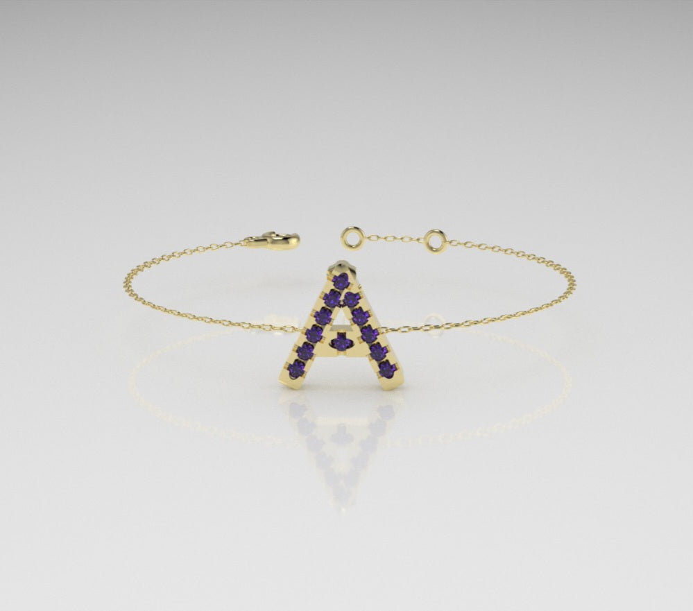 14k Bracelet with 12 AMETHYST 1.3mm each, initial "A"