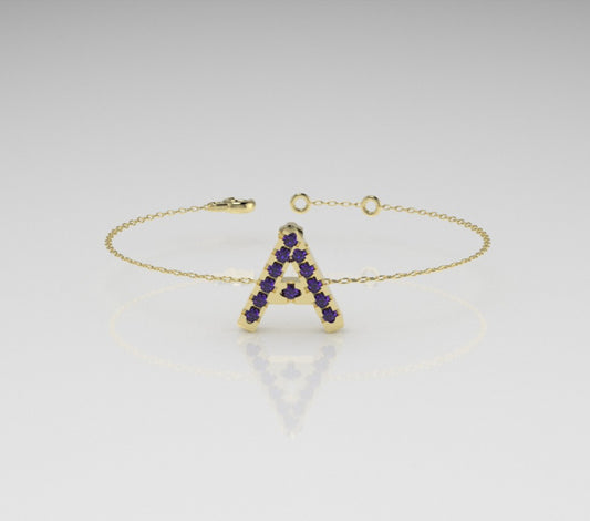 14k Bracelet with 12 AMETHYST 1.3mm each, initial "A"