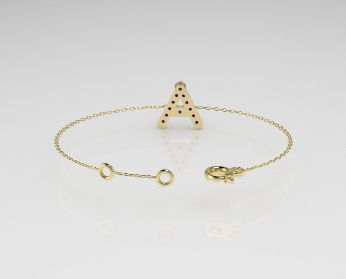 14k Bracelet with 12 AMETHYST 1.3mm each, initial "A"