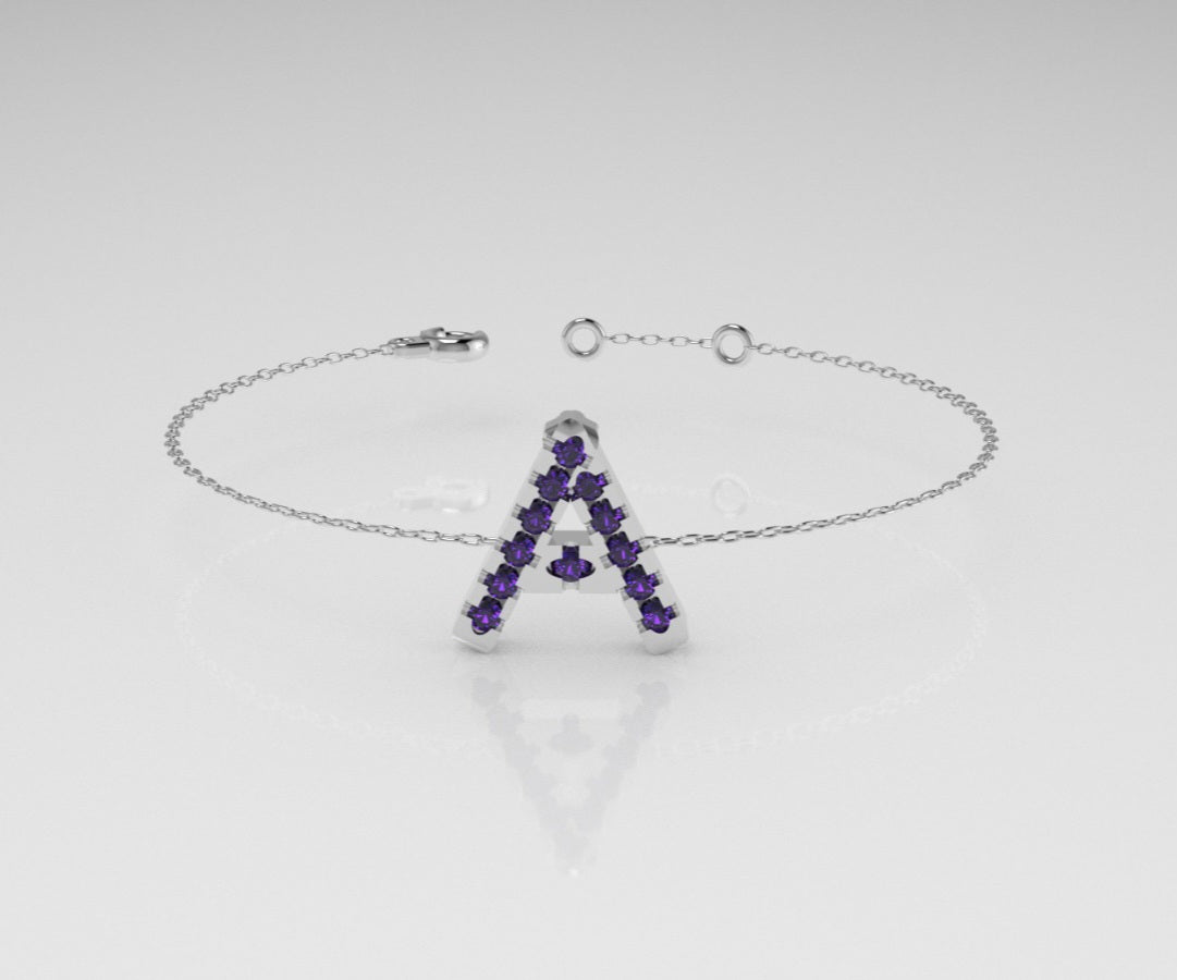 14k Bracelet with 12 AMETHYST 1.3mm each, initial "A"