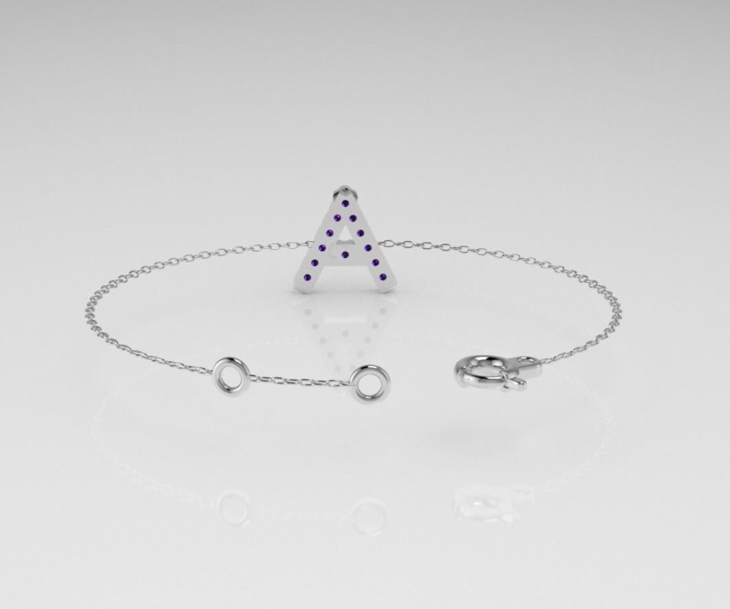 14k Bracelet with 12 AMETHYST 1.3mm each, initial "A"