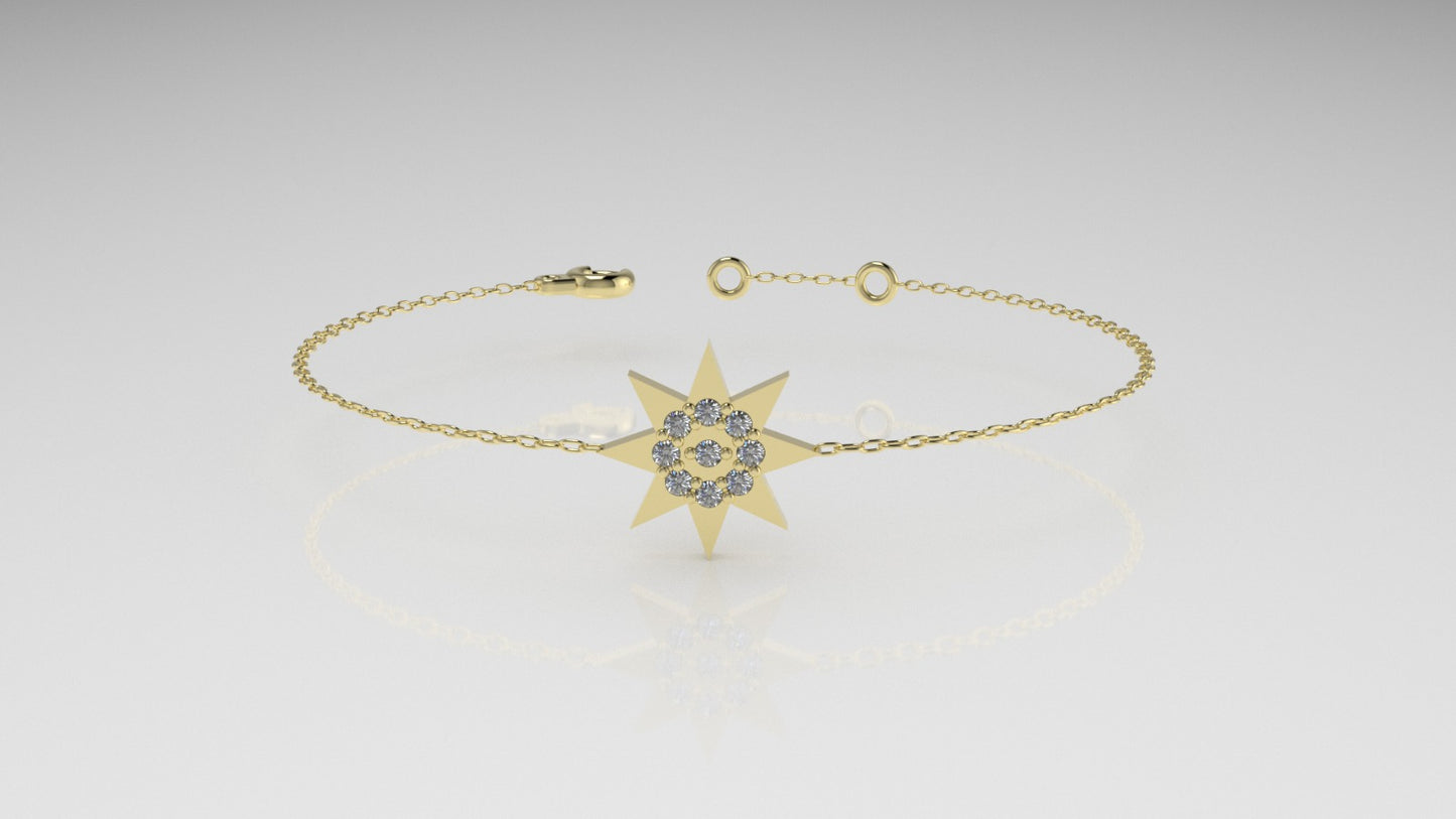 14K Bracelet with 9 DIAMOND 1mm VS1 each, 8 point Star Style
