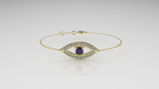 14k Bracelet with 20 DIAMOND VS1 and 1 AMETHYST, lucky eye style
