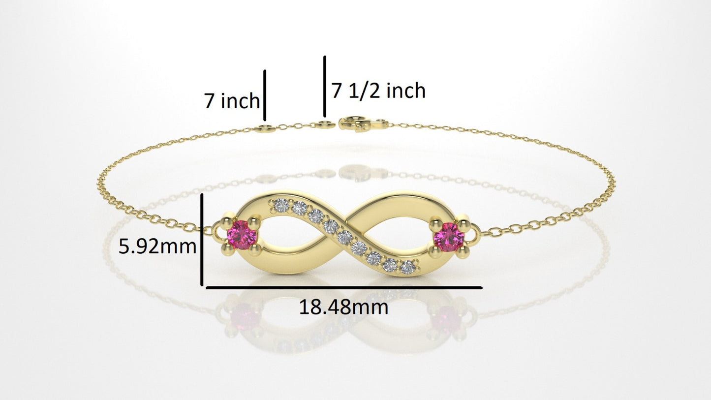14K Bracelet with 9 DIAMOND and 2 RUBY, infinity style
