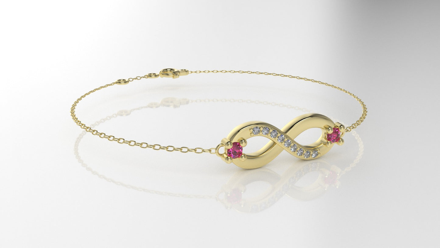 14K Bracelet with 9 DIAMOND and 2 RUBY, infinity style