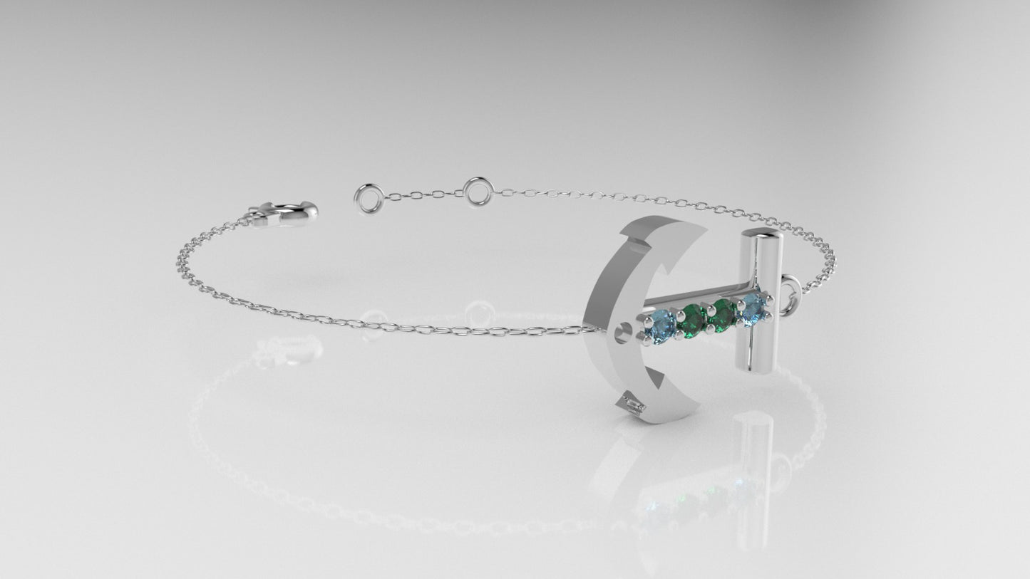 14k Bracelet with 2 AQUAMARINE and 2 EMERALD, "boat anchor style"