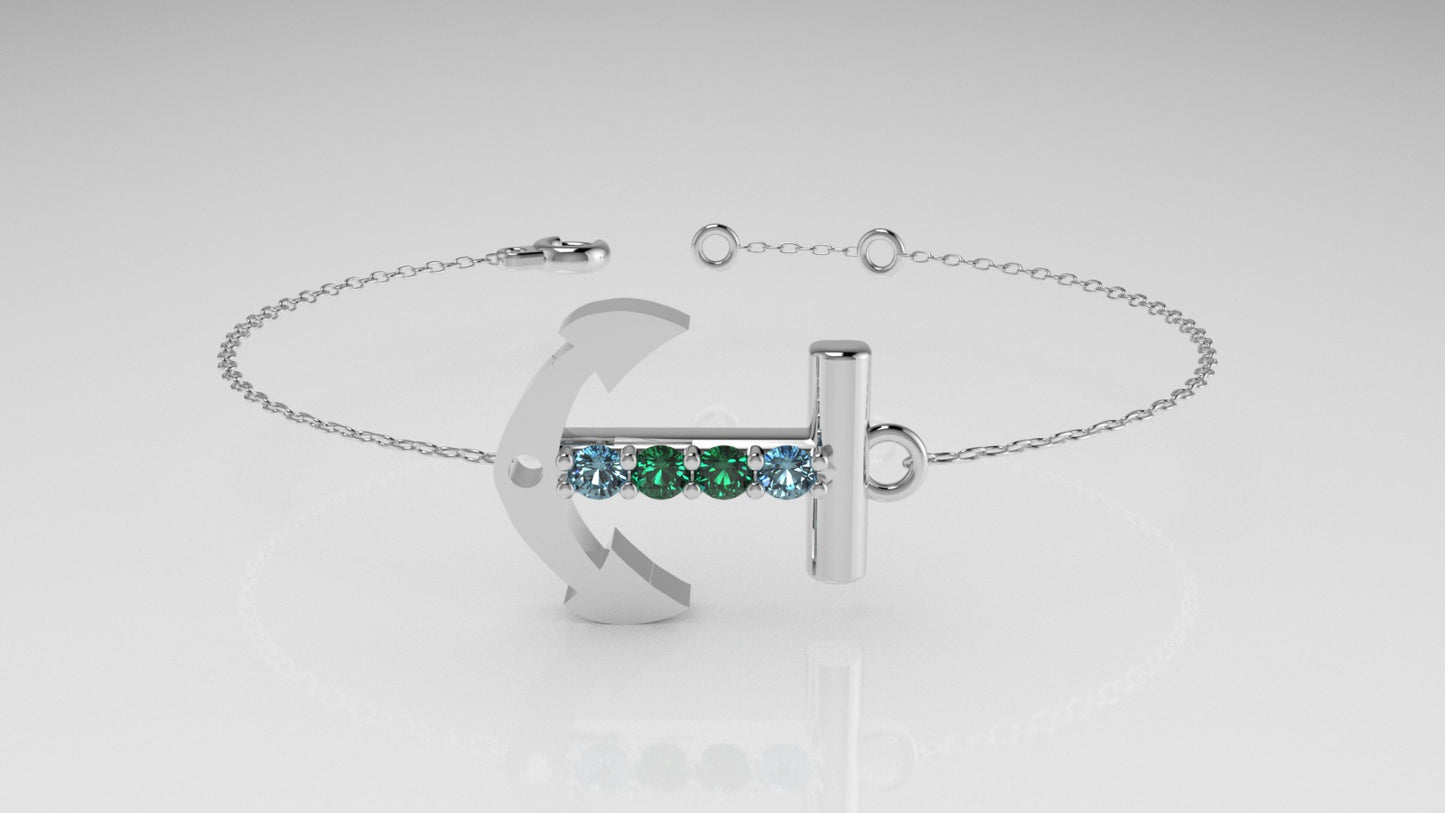 14k Bracelet with 2 AQUAMARINE and 2 EMERALD, "boat anchor style"