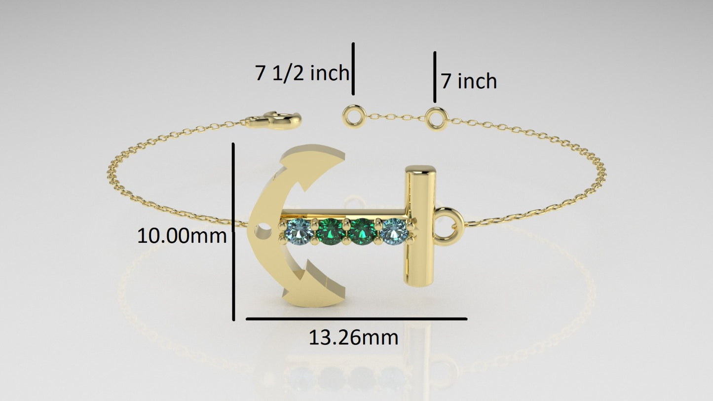 14k Bracelet with 2 AQUAMARINE and 2 EMERALD, "boat anchor style"