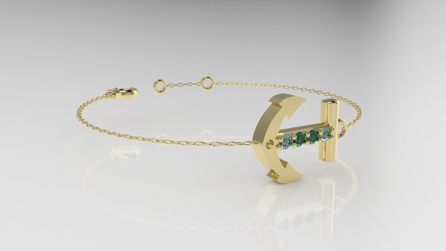 14k Bracelet with 2 AQUAMARINE and 2 EMERALD, "boat anchor style"