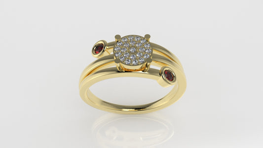 14K Engagement Ring with 23 DIAMONDS VS1 and 2 RUBY, "stt prong" "stt bezel"