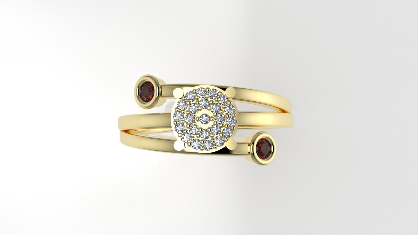 14K Engagement Ring with 23 MOISSANITE VS1 and 2 RUBY, "stt prong" "stt bezel"