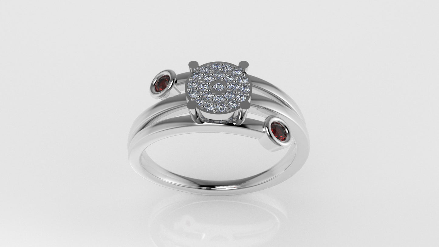 14K Engagement Ring with 23 MOISSANITE VS1 and 2 RUBY, "stt prong" "stt bezel"