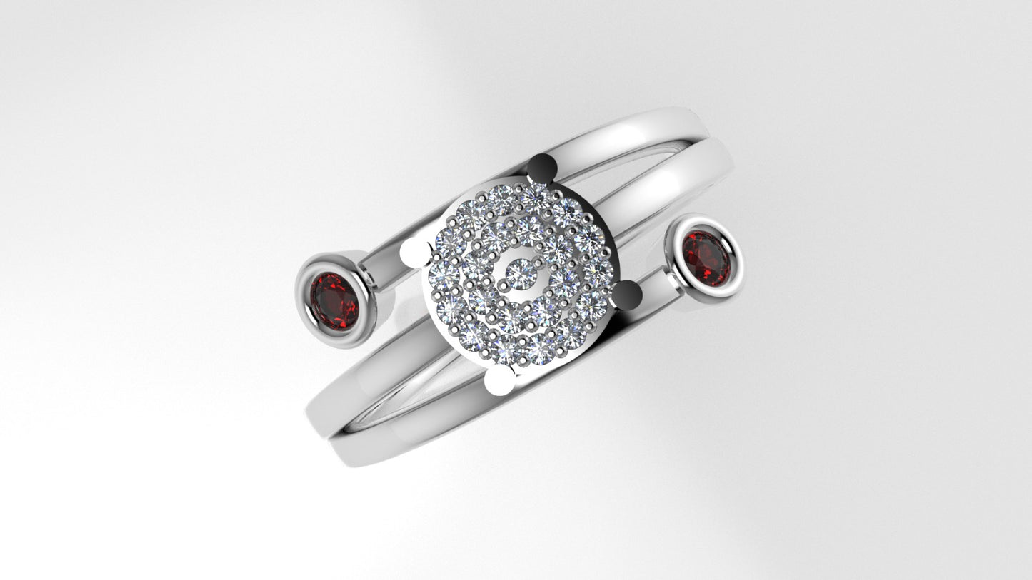 14K Engagement Ring with 23 MOISSANITE VS1 and 2 RUBY, "stt prong" "stt bezel"
