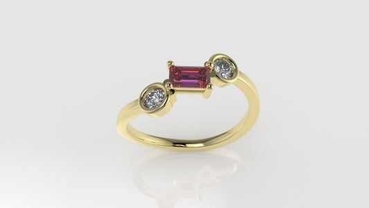 14K Yellow Gold Ring with DIAMONDS VS1 and TOURMALINE PINK, "stt prong" "stt bezel"