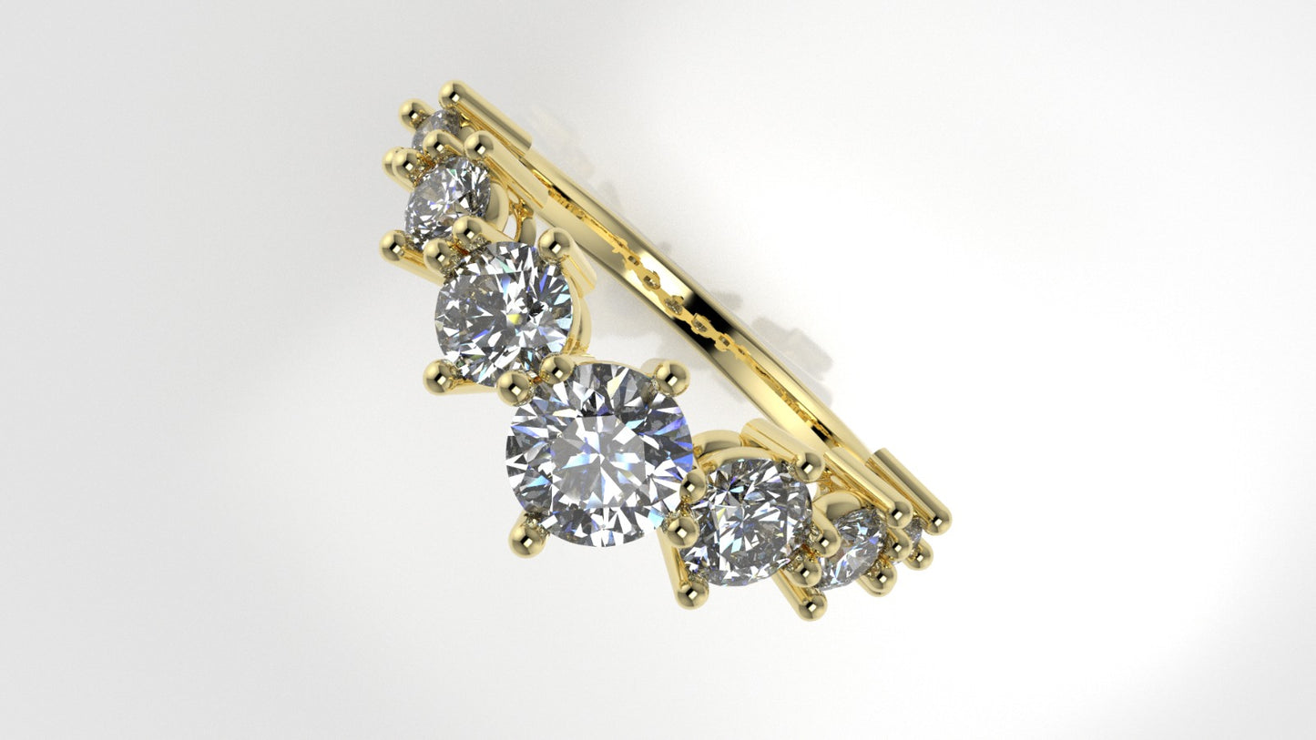 14K Gold Ring with 7 MOISSANITE VS1, stt prong, "stone of different sizes"