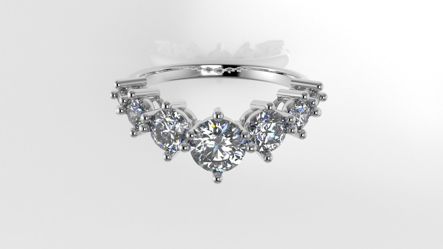 14K Gold Ring with 7 MOISSANITE VS1, stt prong, "stone of different sizes"