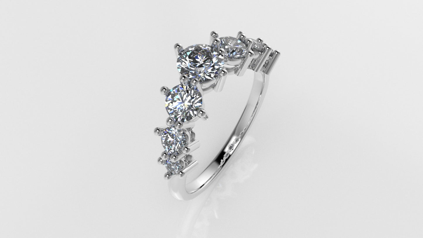 14K Gold Ring with 7 MOISSANITE VS1, stt prong, "stone of different sizes"