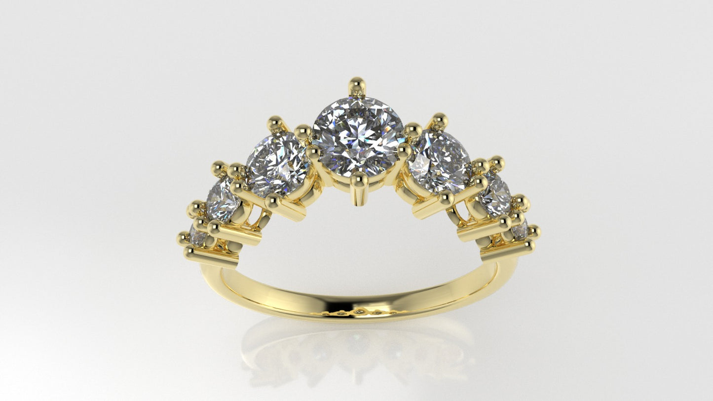 14K Gold Ring with 7 MOISSANITE VS1, stt prong, "stone of different sizes"