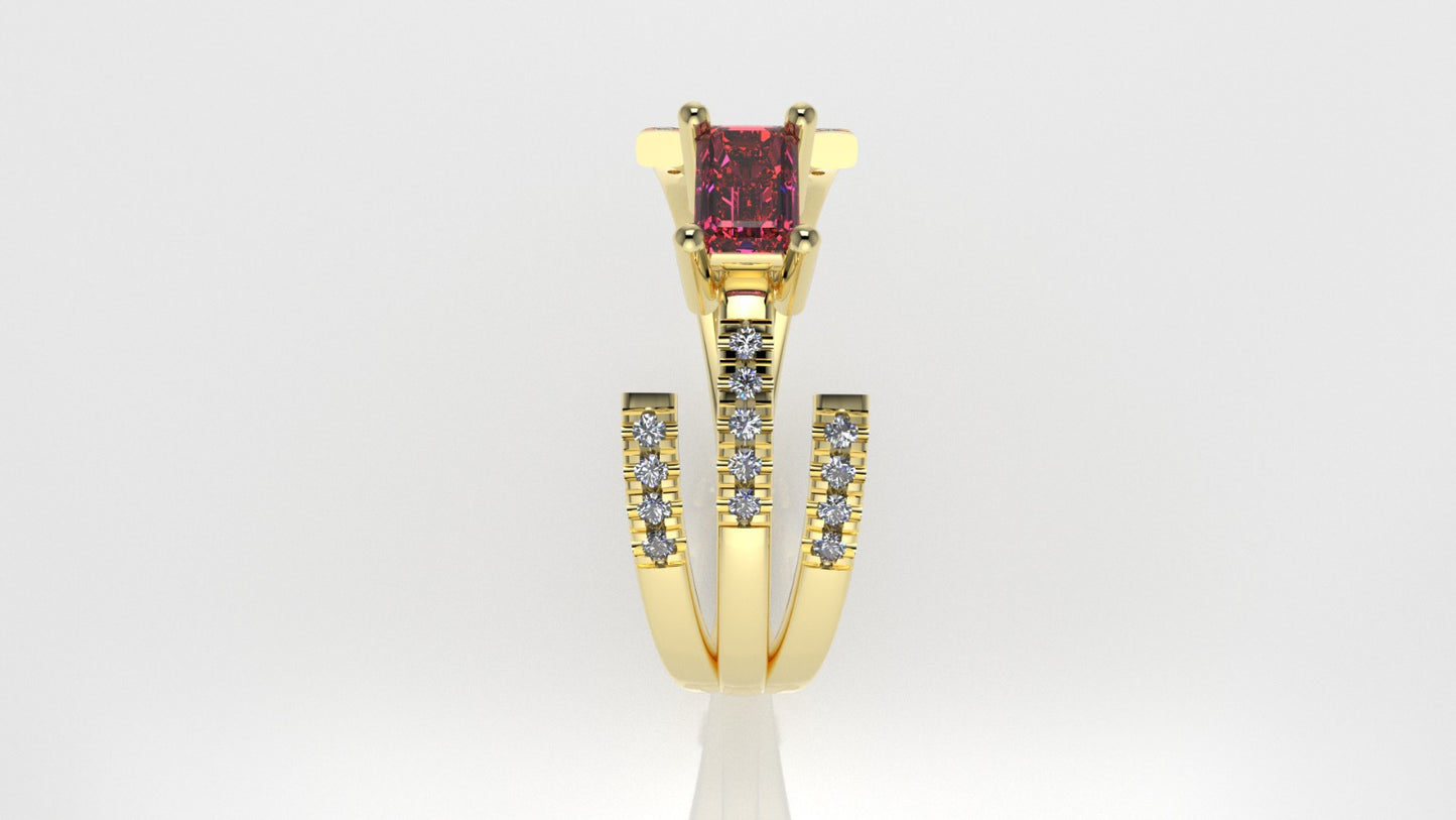 14K Ring with 1 TOURMALINE PINK and 26 MOISSANITE, stt prong, cut split