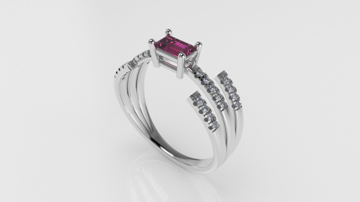 14K Ring with 1 TOURMALINE PINK and 26 MOISSANITE, stt prong, cut split