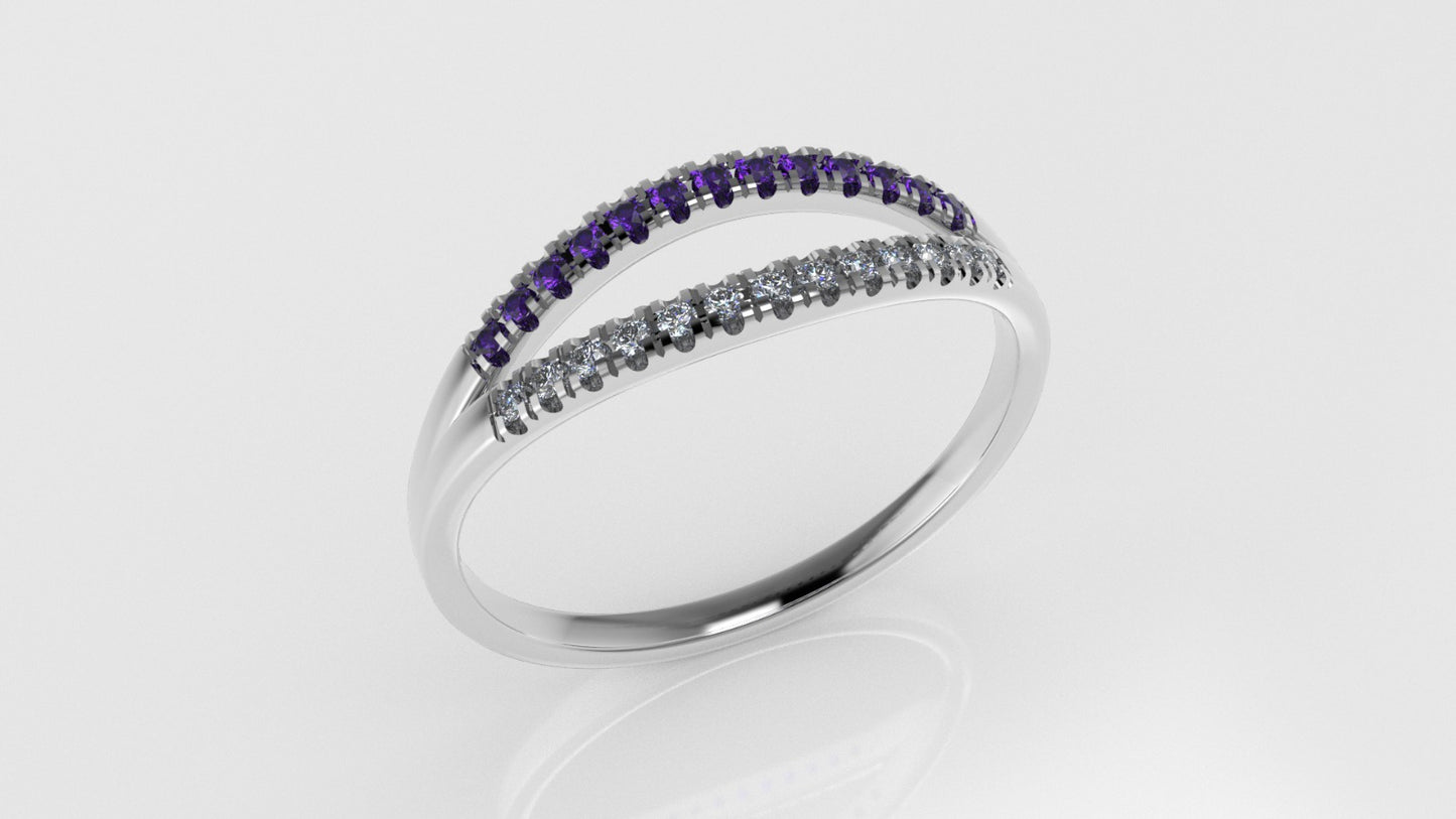 14K yellow gold band Ring with 13 DIAMONDS 1mm VS1 each and 13 AMETHYST 1mm each, "cut split"