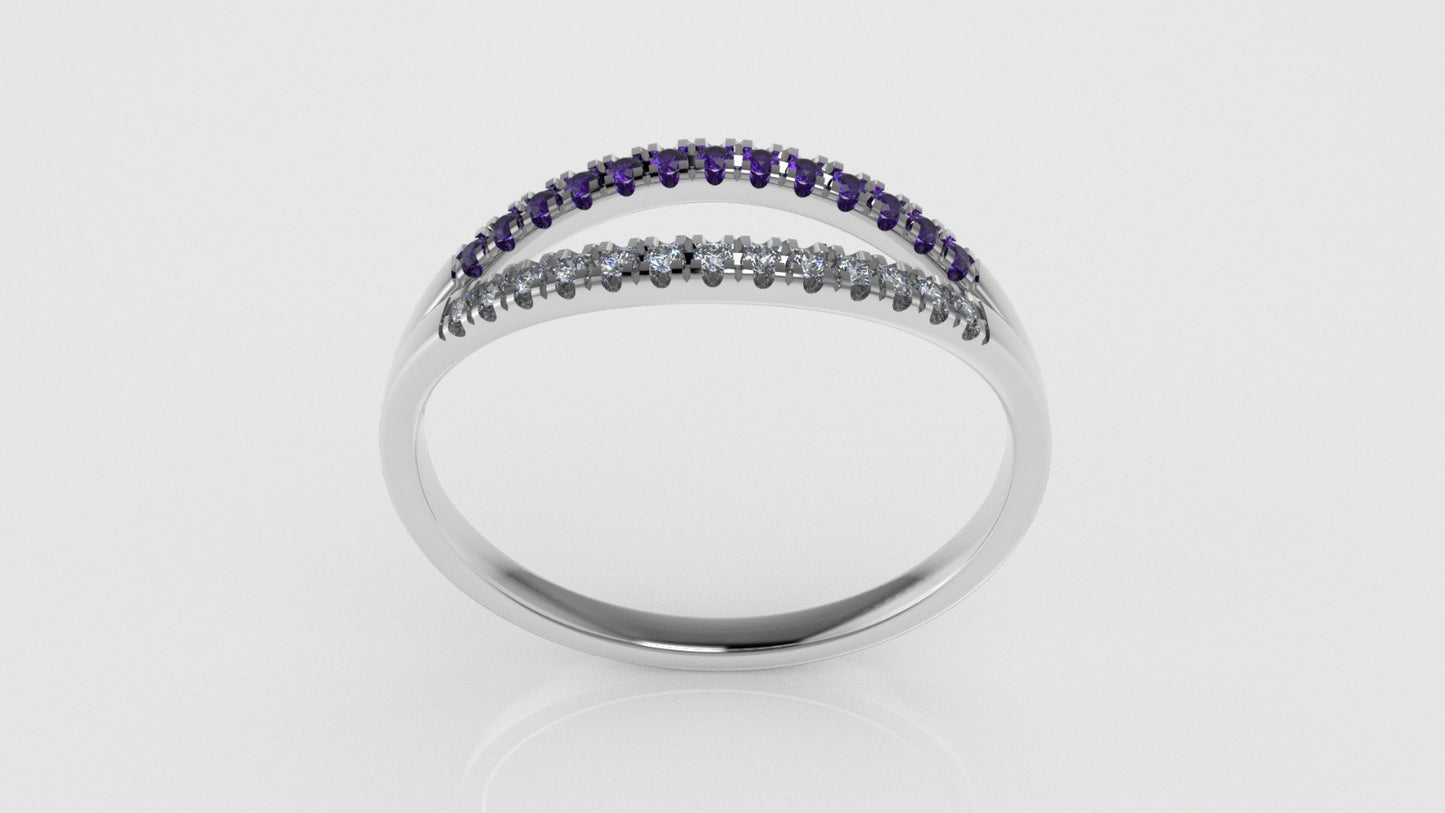 14K yellow gold band Ring with 13 DIAMONDS 1mm VS1 each and 13 AMETHYST 1mm each, "cut split"