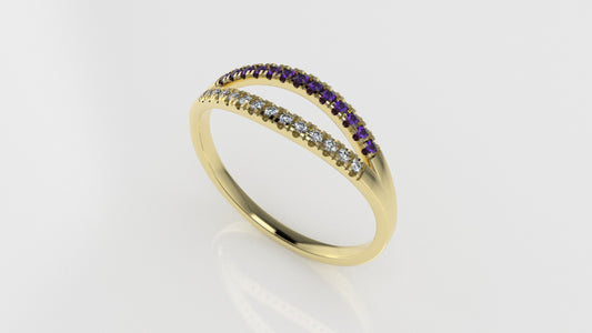 14K yellow gold band Ring with 13 DIAMONDS 1mm VS1 each and 13 AMETHYST 1mm each, "cut split"
