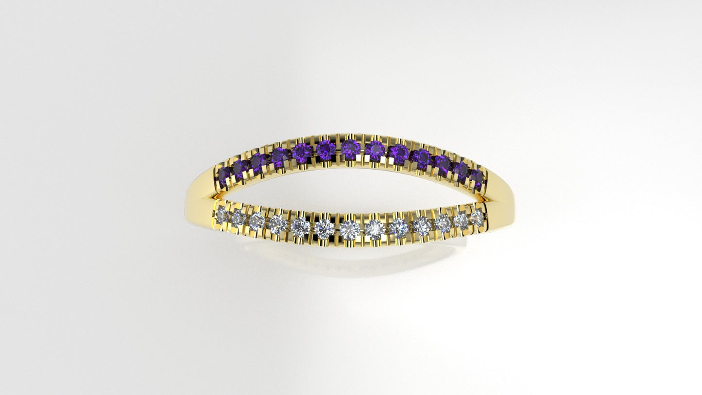 14K yellow gold band Ring with 13 DIAMONDS 1mm VS1 each and 13 AMETHYST 1mm each, "cut split"