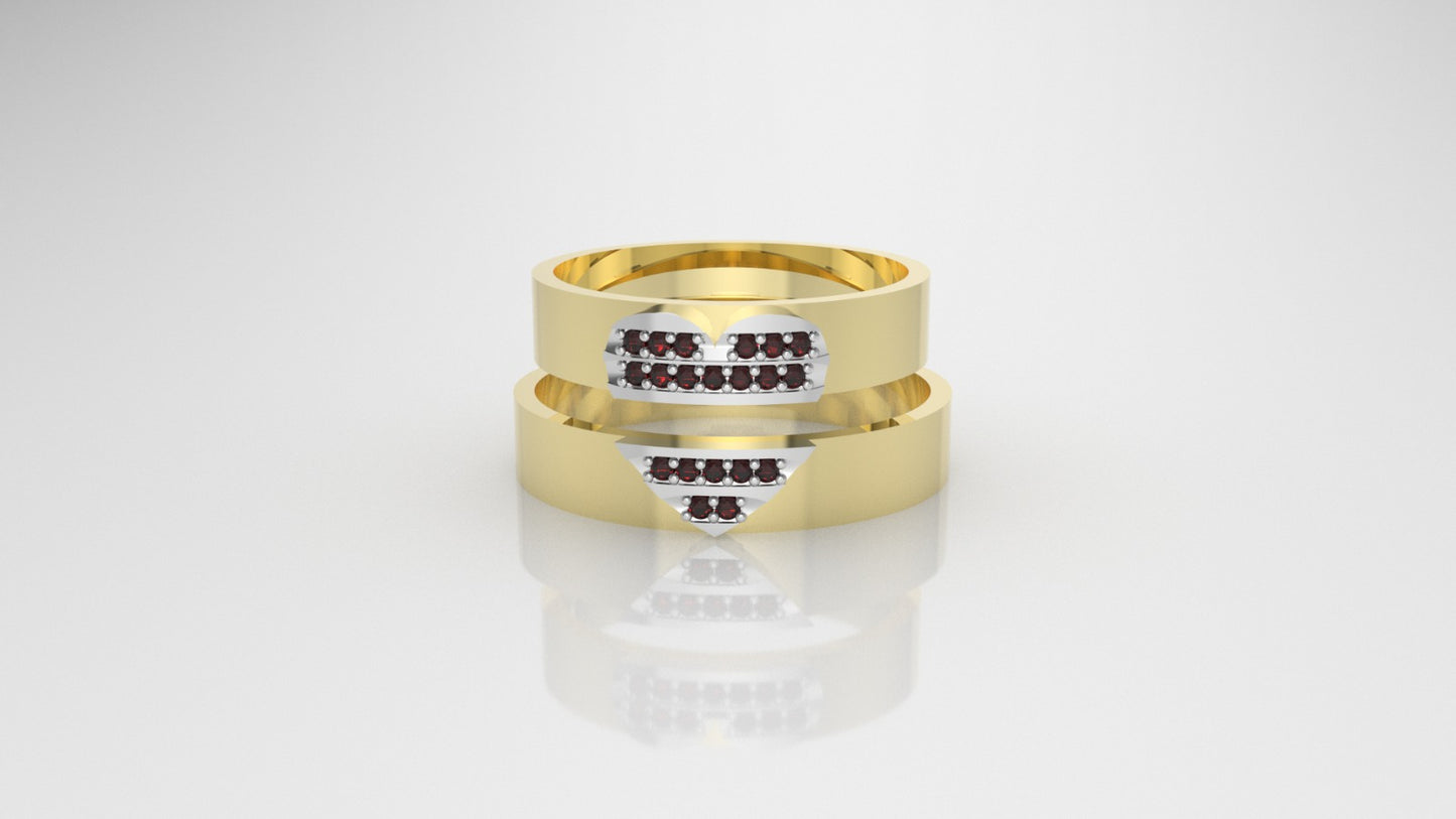 14K Engagement Rings with 20 RUBY 1mm each, "split heart shape" "bands" for men and women