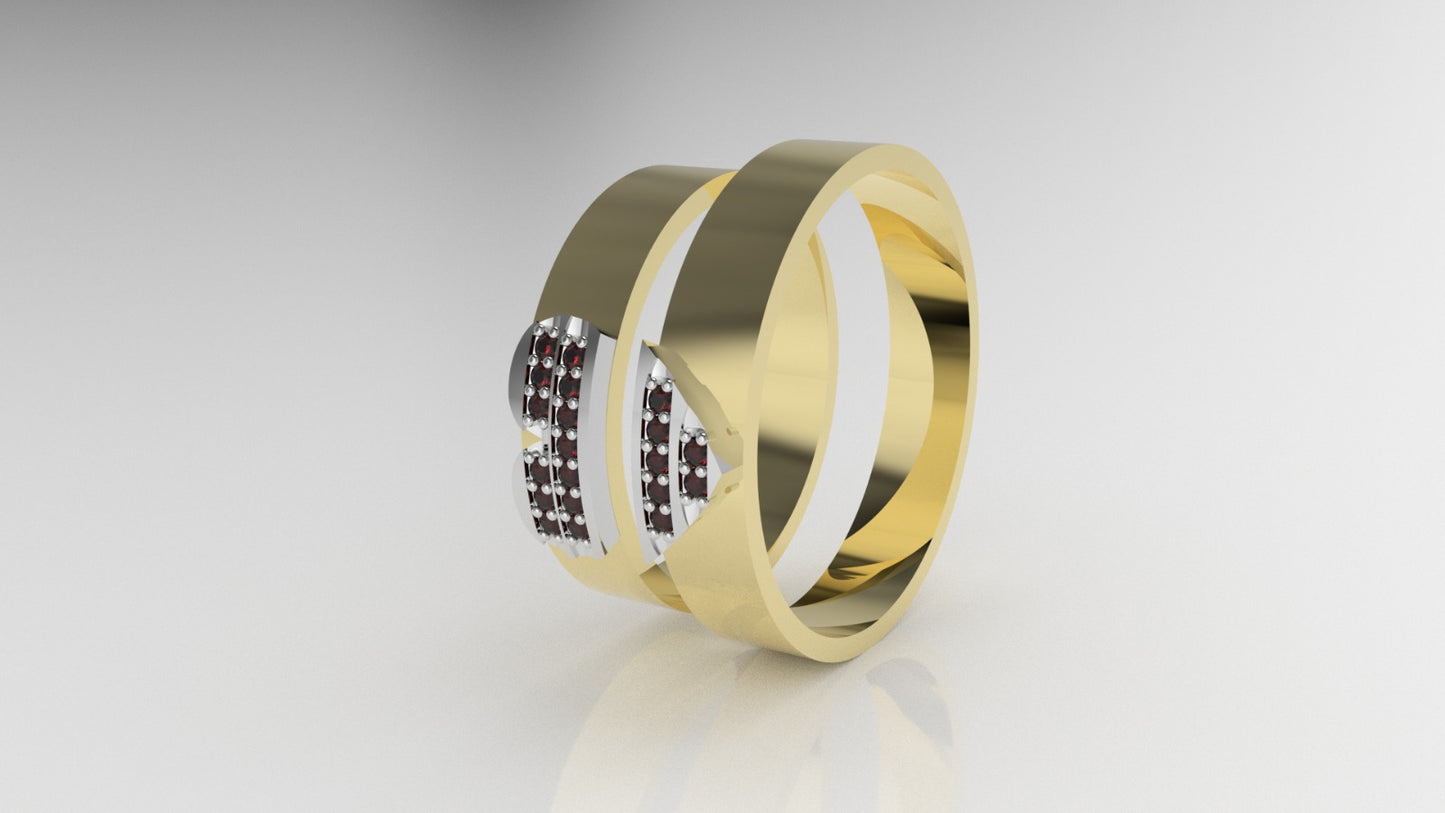 14K Engagement Rings with 20 RUBY 1mm each, "split heart shape" "bands" for men and women