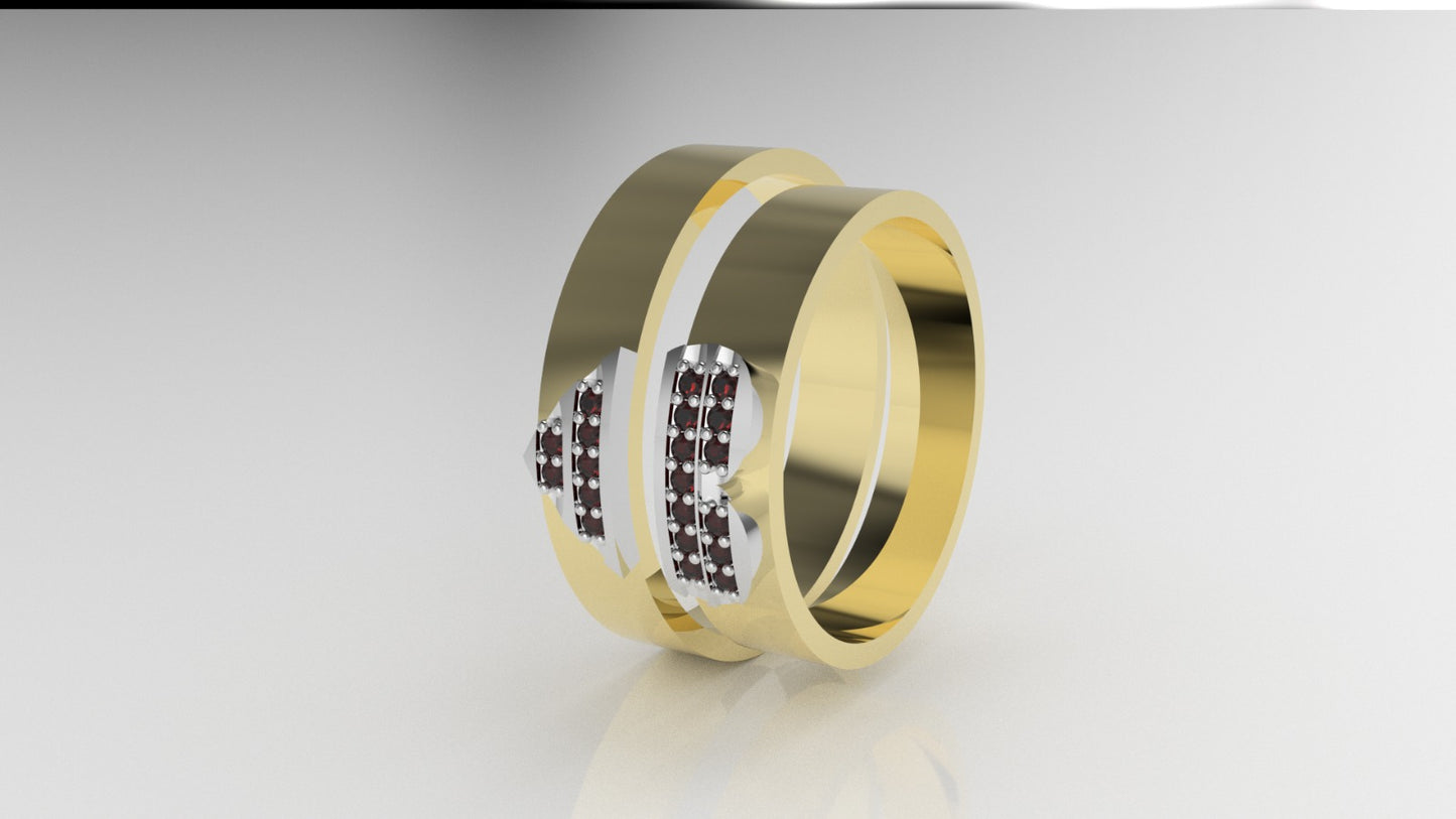 14K Engagement Rings with 20 RUBY 1mm each, "split heart shape" "bands" for men and women