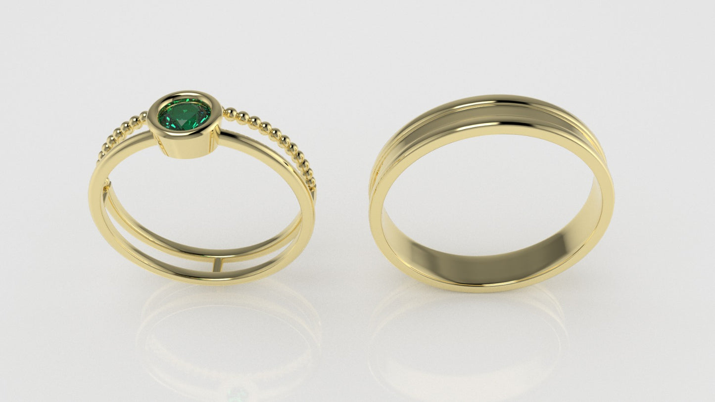 14K Engagement band Rings with 1 EMERALD 4mm, setting bezel, for men and women