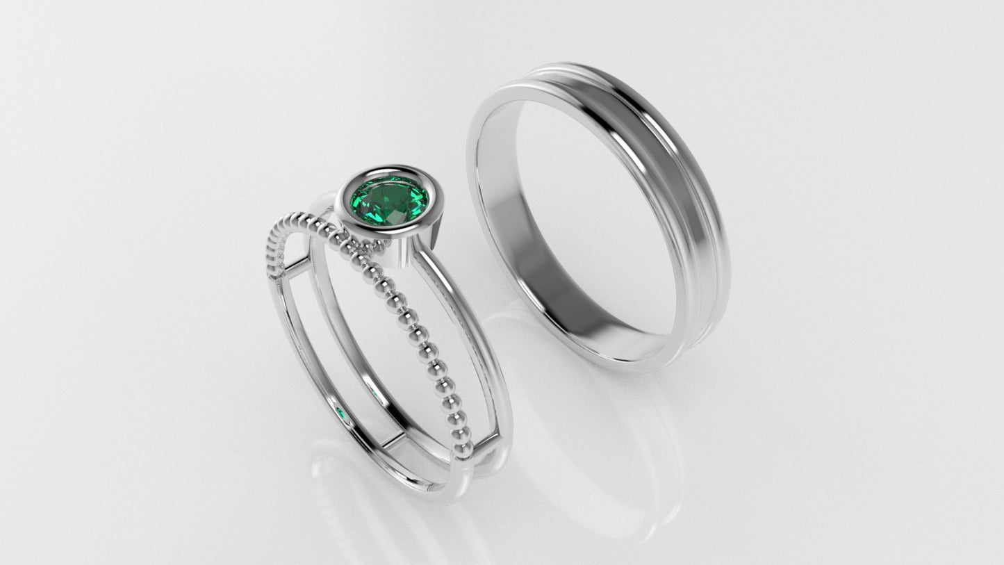 14K Engagement band Rings with 1 EMERALD 4mm, setting bezel, for men and women