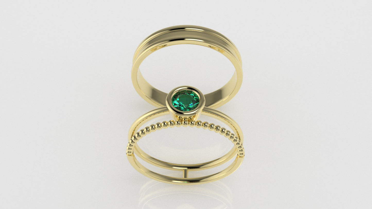 14K Engagement band Rings with 1 EMERALD 4mm, setting bezel, for men and women