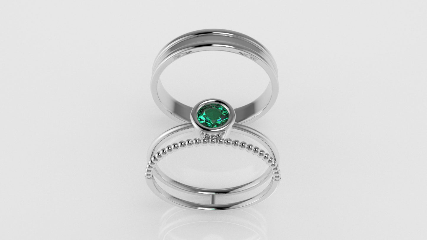 14K Engagement band Rings with 1 EMERALD 4mm, setting bezel, for men and women