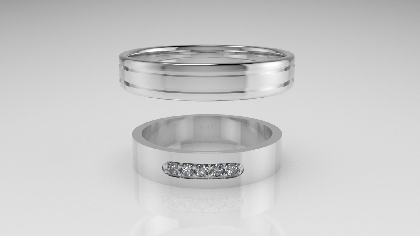 14K WEDDING GOLD Rings with 5 MOISSANITE VS1, "Cut chanel" "Setting prong"