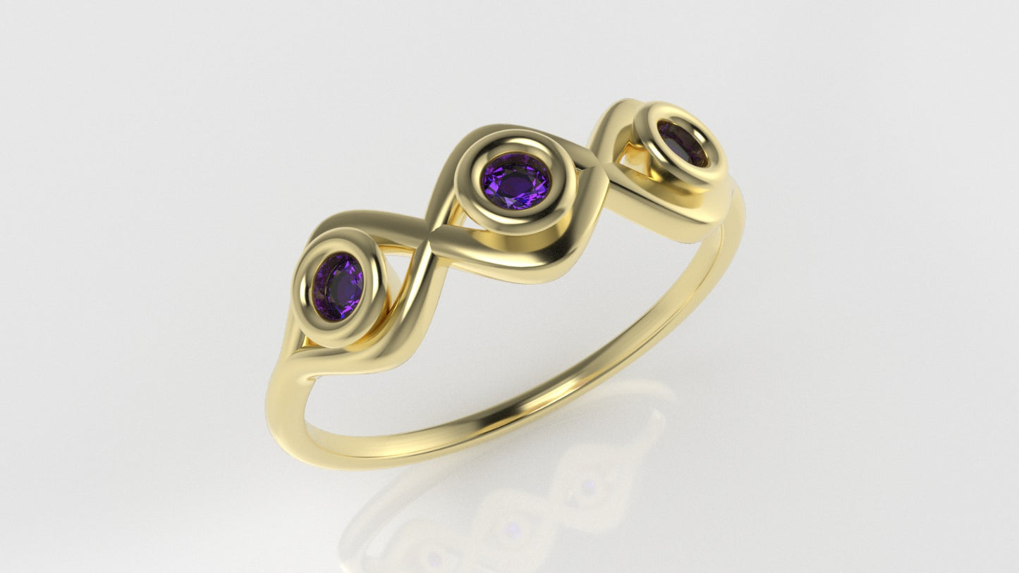 14K Yellow Gold Ring with 3 AMETHYST, "setting bezel"