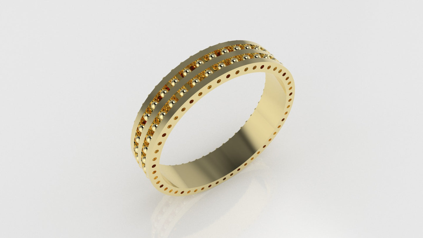 14K band Ring with 52 RUBY 1mm each, stt prong, cut chanel, Filigree