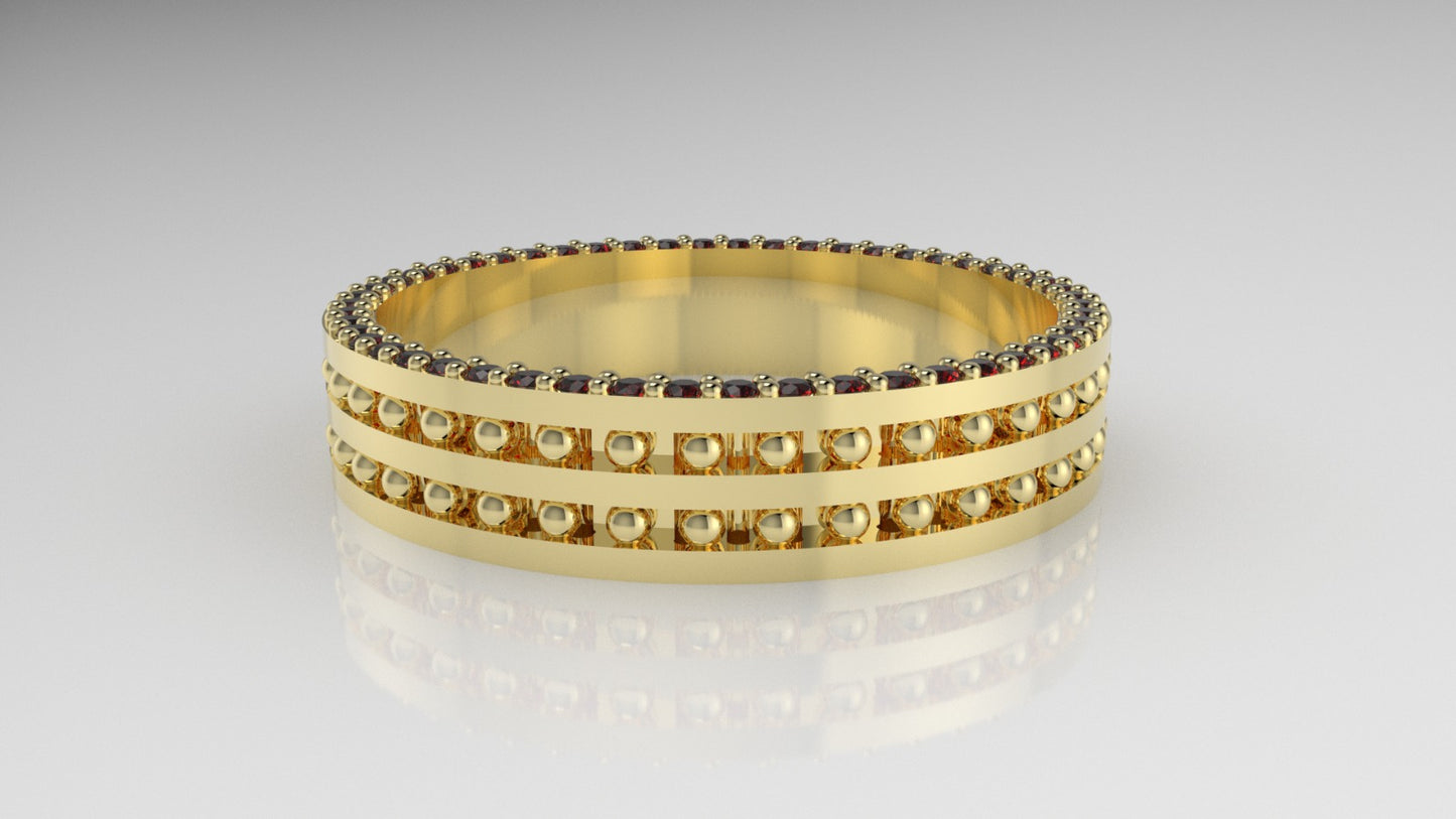 14K band Ring with 52 RUBY 1mm each, stt prong, cut chanel, Filigree