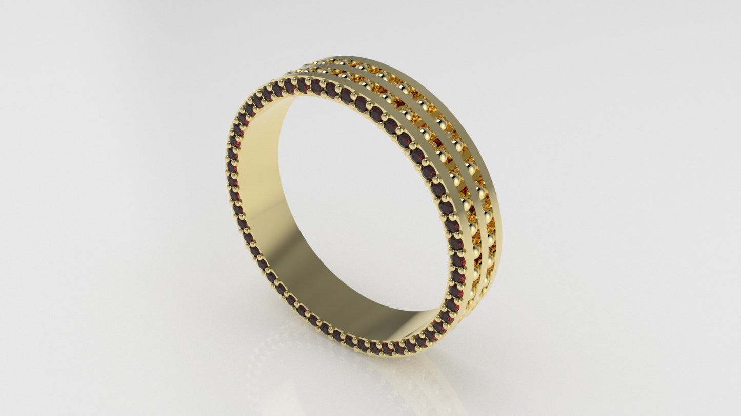 14K band Ring with 52 RUBY 1mm each, stt prong, cut chanel, Filigree