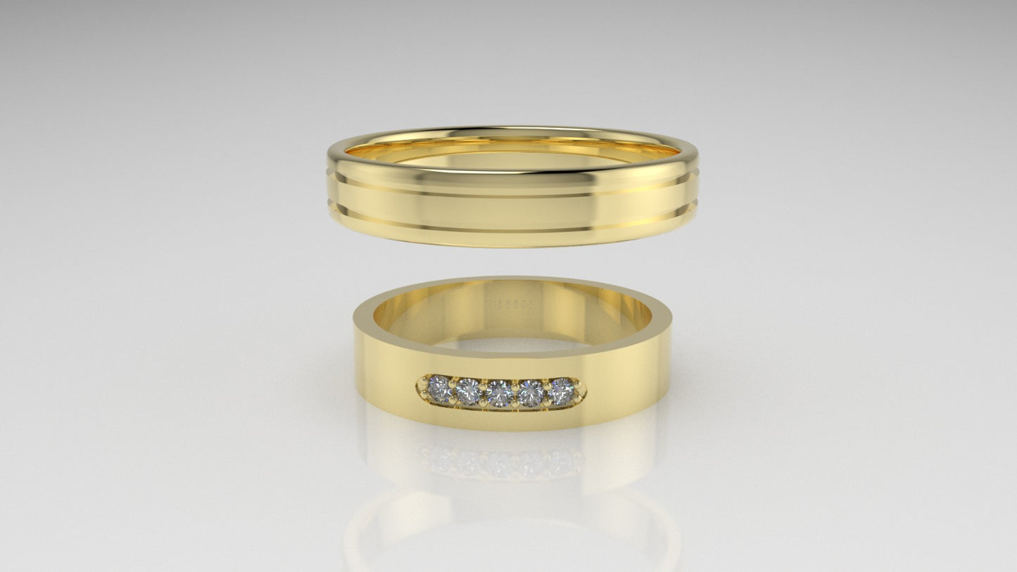 14K WEDDING GOLD Rings with 5 MOISSANITE VS1, "Cut chanel" "Setting prong"
