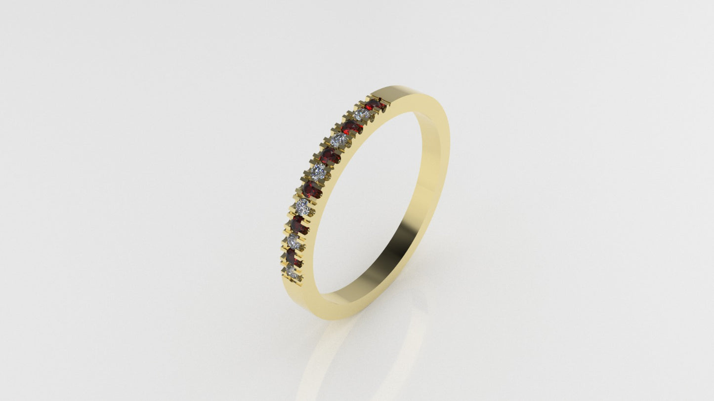 14K Ring with 6 RUBY 1.3mm each and 6 MOISSANITE 1.3mm VS1 each, cut split
